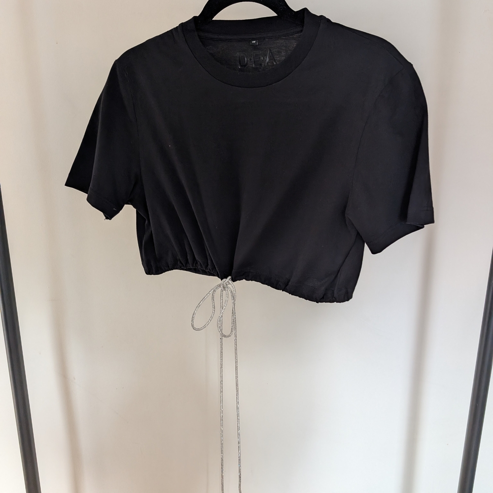 Black Cropped T-Shirt with Drawstring